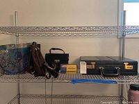 Shelf displaying large floral hat box, brown and black purses, vintage Vitalizer box, and black briefcase.