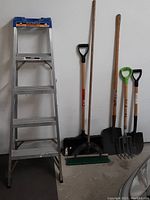 Full view of the Eagle brand 5-foot ladder and five outdoor garden tools including a green-handled rake, shovels, and a fork.
