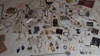 Wide view of 110 pieces of costume and vintage jewelry assorted including necklaces, earrings, pins, and bracelets laid out and loosely grouped.