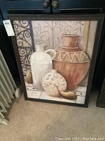 Image of framed art featuring three vases and gourds still life with decorative background