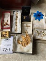 Full lot view with various vintage and costume jewelry items including bracelets, necklaces, pins, and earrings arranged on a cloth surface with auction lot tag