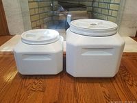 Two white plastic screw top kibble vaults side by side showing size difference and overall condition