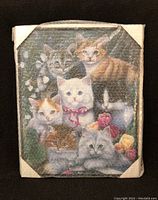 Front view of the framed kitten print wrapped in bubble wrap and protective corners showing six kittens and floral design.