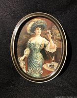 Full view of the vintage Pepsi-Cola oval serving tray showing the woman in period costume and Pepsi-Cola branding.