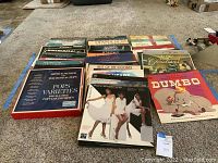 Photo of various LP albums laid out on the floor, showing titles such as Diana Ross, The Pointer Sisters, Dumbo, and Christmas music.