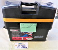 Closed black Craftsman toolbox with orange-yellow trim and handle, labeled for jewelry making and hand tools.