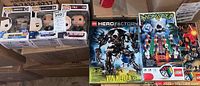 Photo of 3 Pop Funko figures in boxes and 3 Lego sets, including Hero Factory Von Nebula and Monster 4 Lego sets, two factory sealed.