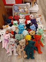 Front overview of 26 plush bears and membership kit