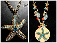 Close-up of gold-tone starfish pendant necklace with blue rhinestones on a chain.