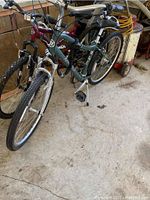 Two adult bicycles in a garage: green Nirvana Jaunt and red Huffy dual suspension bike