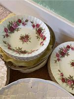 Stacks of rose-patterned china plates and bowls inside a protective padded carrying case