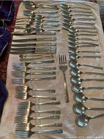 Full display of the entire 45 piece flatware set arranged on a towel showing knives, forks, and various spoons in multiple columns.