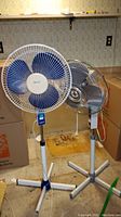 Two adjustable height floor fans placed on a basement floor. One fan with blue plastic blades and the other with metal blades. Both fans have pedestal stands with four legs and pull chains for operation.
