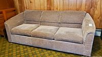 Front view of beige fabric sleeper sofa with three cushions, straight back, and armrests in a wood-paneled room on patterned carpet.
