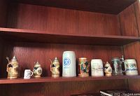 Photo of ten assorted German beer steins arranged on wooden shelves showing various sizes and decorative reliefs, including ceramic and glass steins with pewter lids.