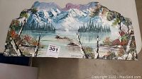Full view of the slate painting showing entire landscape scene including snowy mountains, lake with small boat, and birch trees on foreground edges