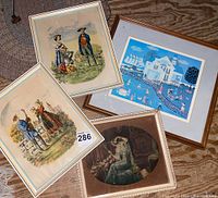 Four framed pieces shown together with variety of styles including signed and trapunto