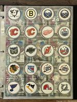 Page of circular NHL POGS showing various team logos including Ducks, Bruins, Sabres, Flames and others