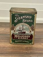 Front panel showing The Steamship Brand Molasses Candy with ship graphic and brand info.