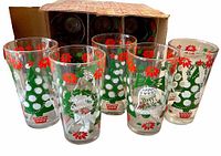 Set of 5 vintage holiday drinking glasses with green Christmas trees, red floral patterns, and white lettering, displayed in front of original cardboard box holding remaining glasses.