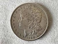 Obverse side of the 1900 Morgan silver dollar coin showing Liberty's profile, date, and inscription.