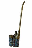 Front view of the pipe showing overall structure, blue cloisonne enamel, and tall curved metal spout