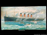 Full view of painted ocean liner with city skyline and boats, labeled 'French Line'.