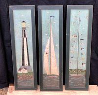 Full view of all three prints showing lighthouse, sailboat, and yacht with nautical flags in green wood frames, displaying spotting and grime under glass.