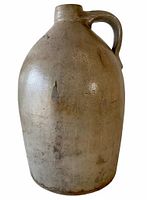 Front view of 4 gallon glazed stoneware jug showing shape and handle.