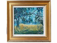 Frontal view of original oil painting signed by B Holmberg, showing trees and sailboat scene in gold-tone frame.