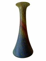 Front view of the tall vintage art glass vase showing its tapering neck, flared top, and textured multicolor finish.