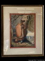 Frontal photo of the framed drawing showing the woman in period clothing under a tree, with earthy toned mats and gold and black frame.