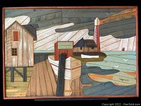 Front view of wood beam collage depicting lighthouse, dock and buildings over seascape