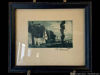 Framed monochrome landscape etching signed by A Kunst showing a house, trees, wall, and distant horizon.