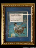 Full view of framed antique illustration print depicting a flying witch on a broomstick with poem text and decorative cobwebs.
