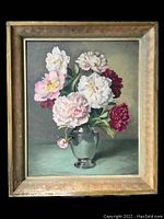 Frontal view of the vintage oil painting showing the full bouquet of peonies in a glass vase with a muted background and wooden frame.