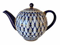 Side view of the Lomonosov teapot showing detailed cobalt blue and gold lattice pattern with handle and spout.