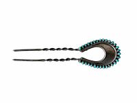 Top view of the silver and turquoise hair pin showing twisted double prongs and horseshoe shape with turquoise stones.