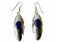 Front view of both sterling silver earrings shaped like feathers with blue oval stones.
