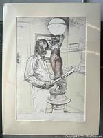Full lithograph showing man standing by nude sculpture, holding drawing pad, signed and numbered in pencil.