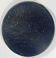 Obverse of the bronze coin showing running boar and legend regarding credit, commerce, and anti-bank sentiment with date 1834.