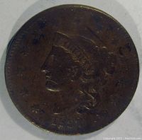 Obverse of 1837 Large Cent showing Lady Liberty profile and date 1837 with clear wear but intact details.