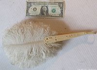 Top view of white ostrich feather fan with US dollar bill for size reference showing feather details and fan ribs.