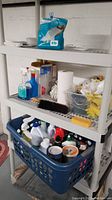 Shelving unit with multiple cleaning products and tools, brushes, paper towels, and gloves in plastic basket and containers.