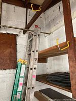 Metal extension ladder leaning against wall and shelving, showing overall condition and environment.