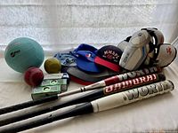 Photo shows all items including Wilson volleyball, baseball bats, weighted baseballs, baseball caps, golf ball boxes, and elbow pads.