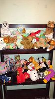 Full lot of assorted Beanie Baby plush toys on a two-tier wooden rack, showcasing various bears and animal characters with TY tags.
