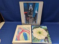 Three art books by Georgia O'Keeffe arranged on blue background, including boxed set, pastel abstract cover, and floral cover.