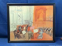 Full image of framed print depicting orchestra and audience with mix of orange and cream tones, signed by Raoul Dufy.
