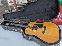Full view of guitar in open hard shell case showing body, neck and case interior